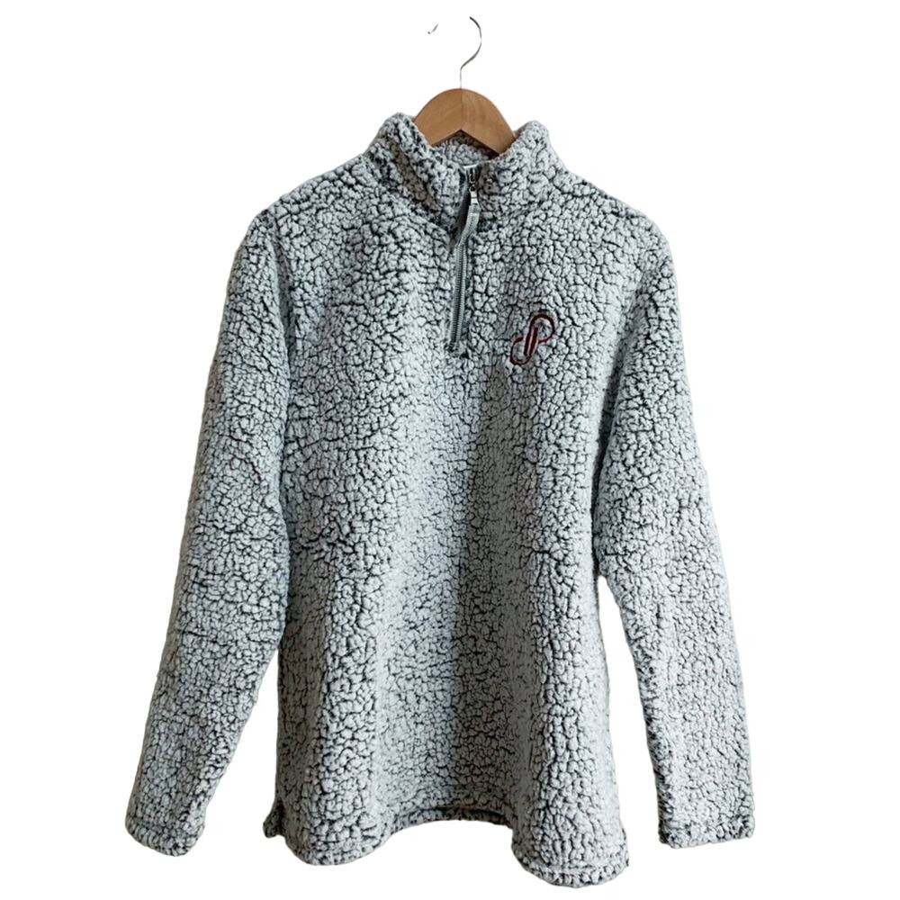 Poshmark grey embroidered quarter zip Sherpa Pullover, size XL
